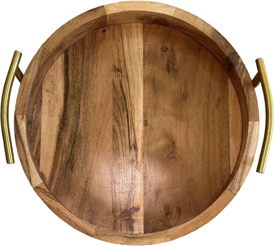 Small round acacia tray with brass handles