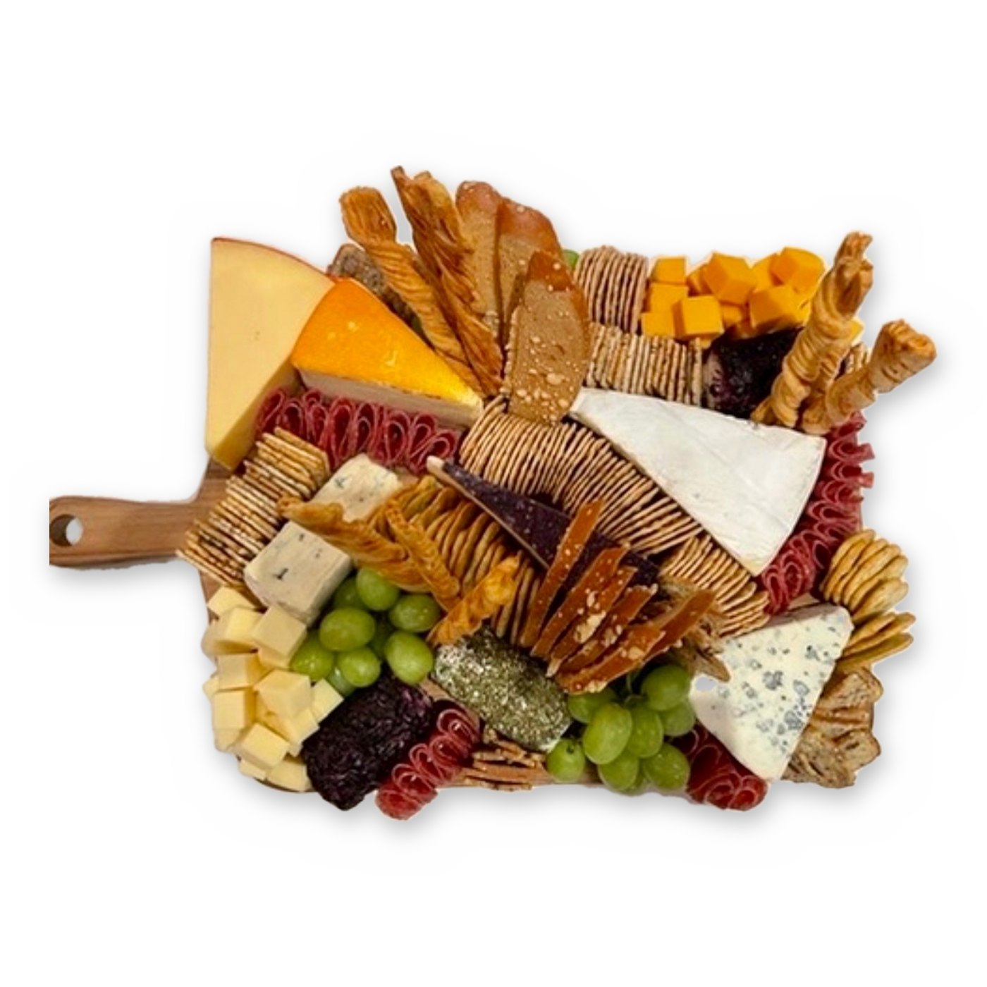 A wooden paddle board loaded with cheese wedges, brie, blue cheese, salami, crackers, breadsticks and green grapes