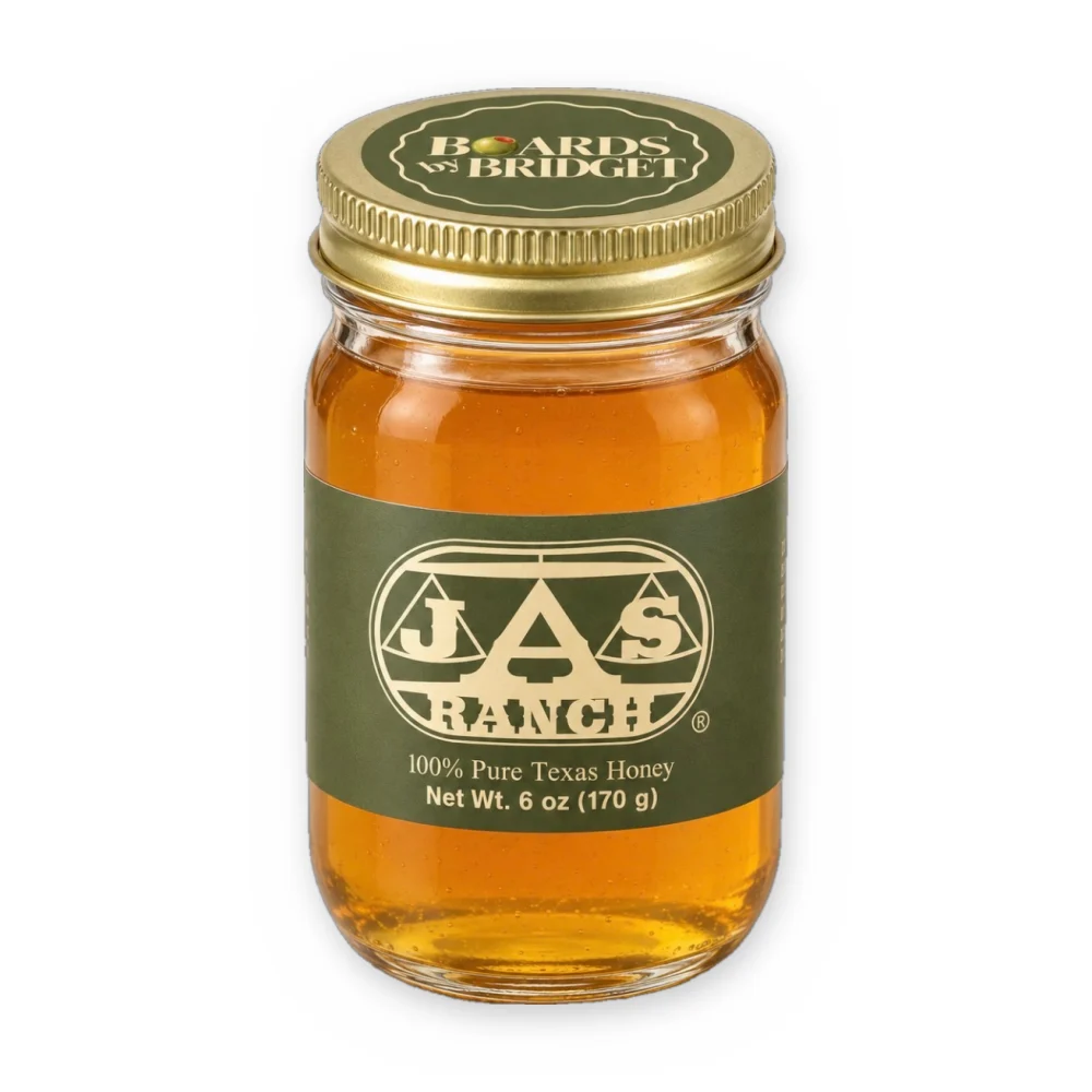 JAS Ranch 100% Pure Texas Honey, 6 oz jar with a Boards by Bridget lid